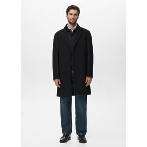 Men's Mango Black Long Wool Blend Overcoat Medium Arizona Slim Fit Notched Lapel
